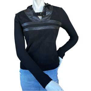 Vintage Mayle Wool Suede Leather Black Strappy Hooded Pullover Sweater Medium